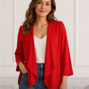 Sandro Red Open-Front Blazer Jacket Lightweight Ruched Sleeves Size Medium